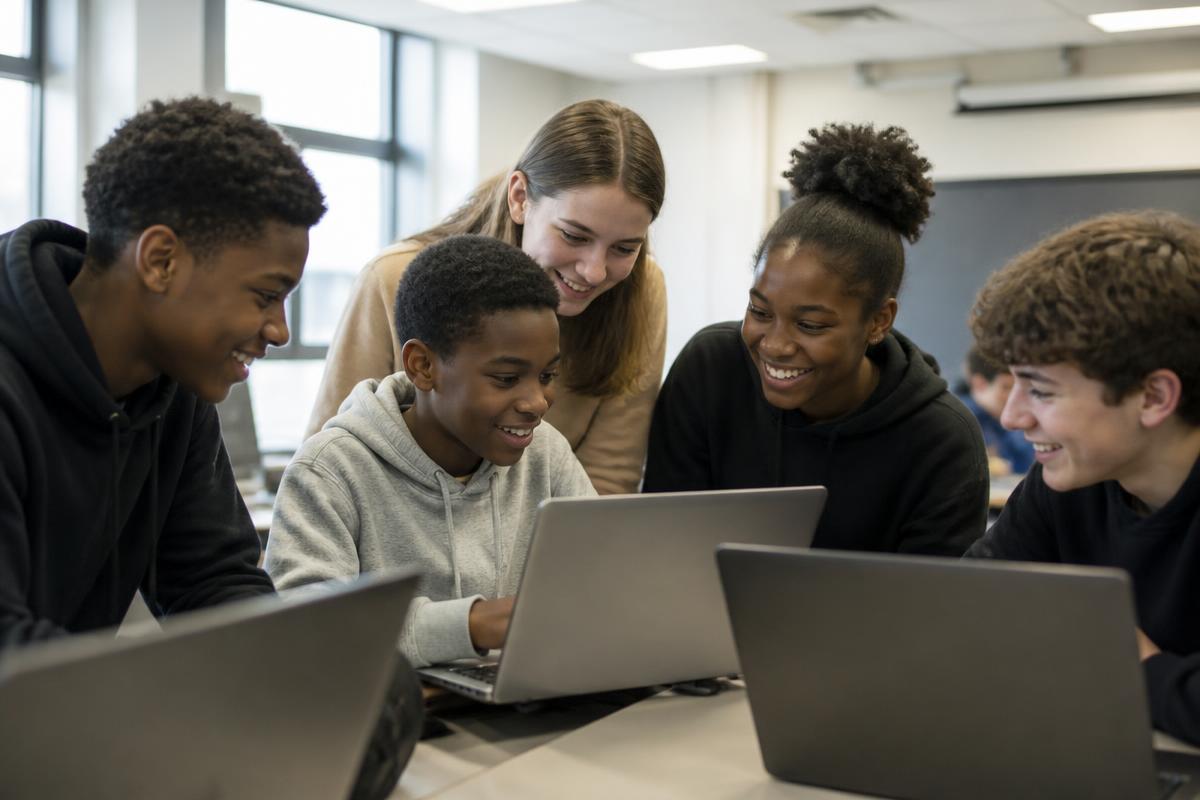 Students aged 8-16 collaborating on laptops during a coding class